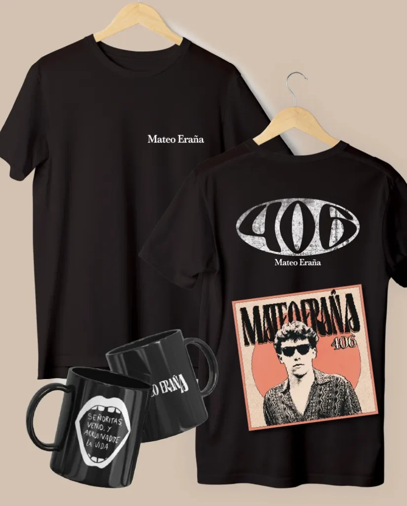 mateo eraña merchandising oficial pack camiseta + disco 406 + taza
